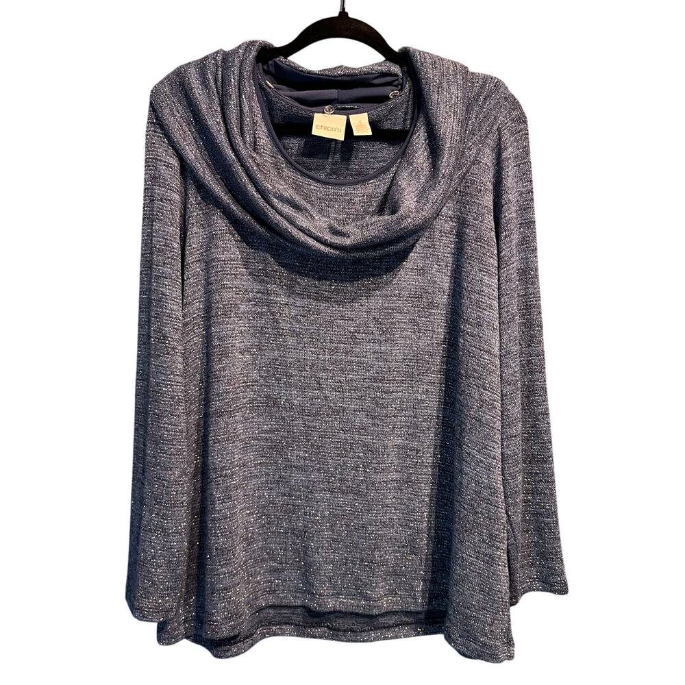 Chico's Size 3 Extra Large Lightweight Sweater Detachable Cowl neck Blue Silver